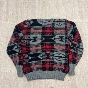 Vintage Polo Ralph Lauren Sweater Mens Medium Red 1990s Wool Argyle Aztec